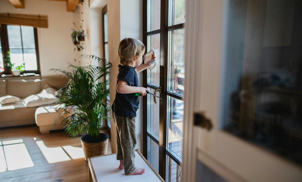 A Child Standing On A Bench Inside A Home Cleans A Large Glass Door With A Cloth, Perhaps Wondering, &Quot;How Much Does Window Tinting Cost 2024?